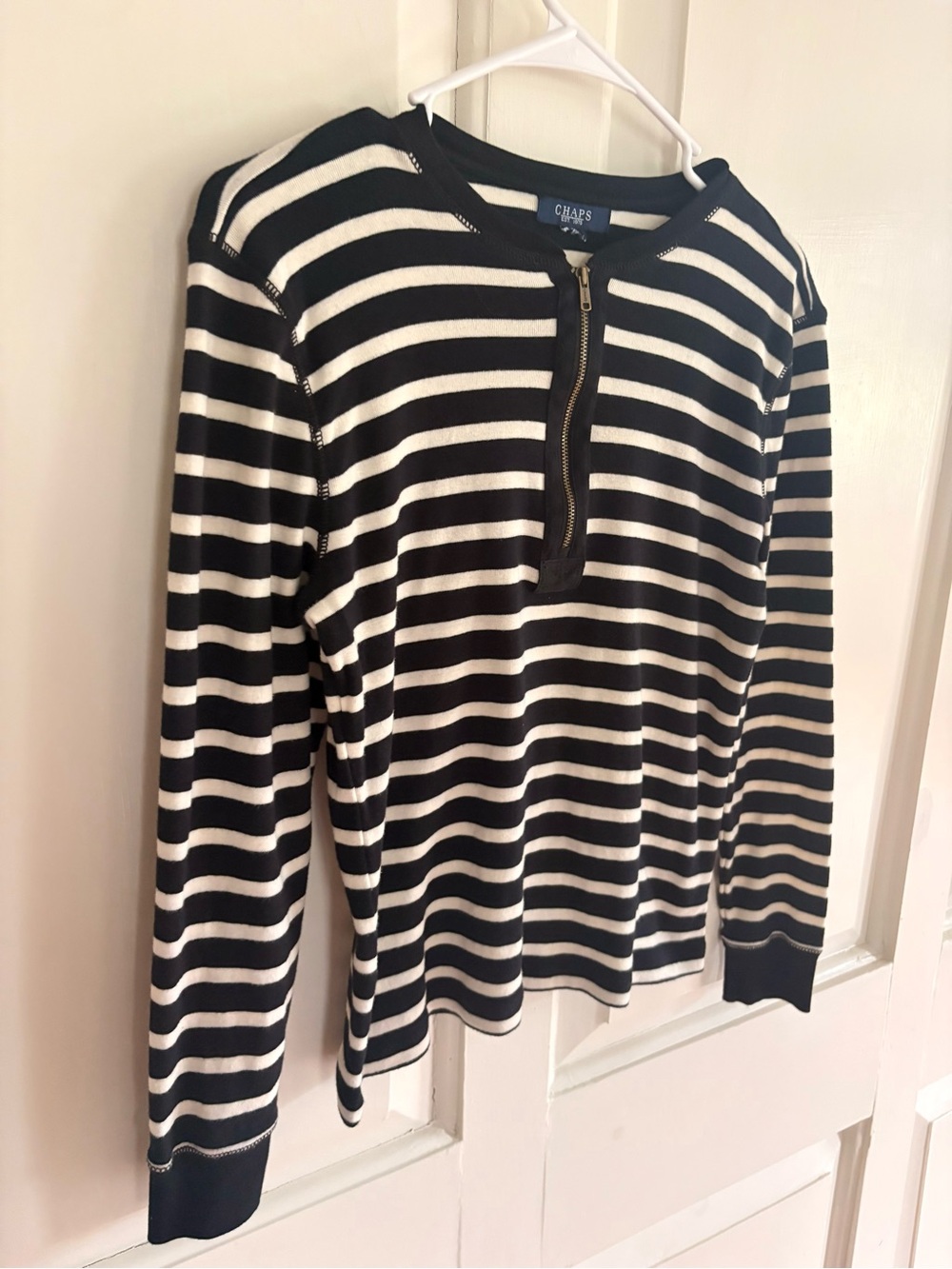 Chaps Navy Blue & White Striped Quarter-Zip Long Sleeve Top Women’s S/M